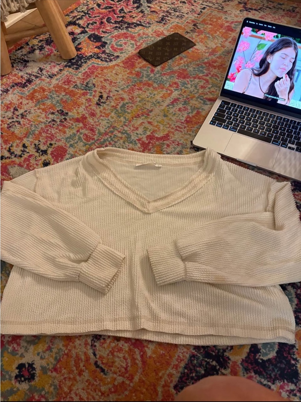 Women's Cream V-Neck Knit Sweater